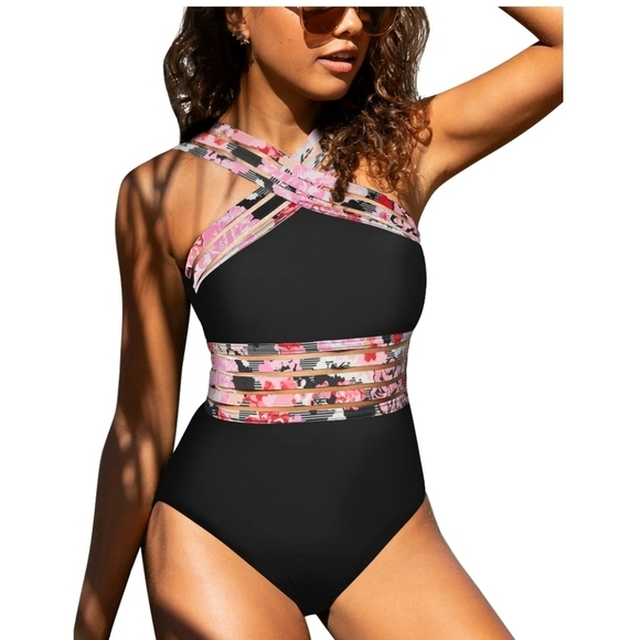 Hildr Other - Elegant Black and Pink One Piece with Criss-Cross Halter